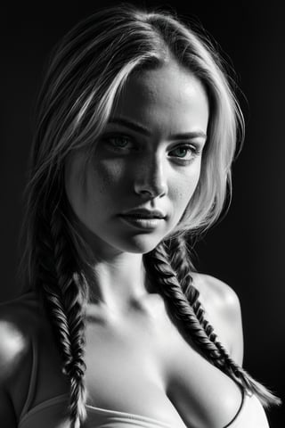 black and white photograph, close up, beautiful young girl, sexy, 34C breast, perfect body, detailed gorgeous face, freckled skin, pale skin, long hair, (((thick ginger fishtail braids))), green eyes, wearing deep v white sports bra, BREAK ultra realistic, detailed and intricate, cinematic lighting, ultra detailed, sharp focus, 8k high definition, nice bokeh, Leica 35mm F2.8, poster, dark tone, intricate details, highly detailed, black and white photograph, dimly lit, monochrome, platinotype