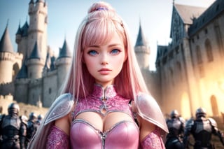 barbie wearing a (pink armor:1.2), (in front of a castle, complicated_background), black knights in the back, cinematic lighting, octane render, higly detailed, high resolution illustration, intricate details, best illumination, best shadow, cinematic lighting, dark, epic composition, 