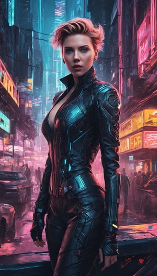 Amidst the neon chaos of an '80s-inspired nanopunk city, Scarlett Johansson metamorphoses into the embodiment of a cyberpunk femme fatale. Envision her poised on the ledge of a building, gazing down at the bustling streets below. The scene radiates a retro-futuristic charm, illuminated by glitchy neon lighting that bathes everything in an enigmatic glow. Scarlett's presence is nothing short of enigmatic, her attire a blend of vintage and futuristic elements. The hyper-detailed, action-packed background boasts cinematic composition and raytracing, offering a glimpse into the thrilling world of '80s cyberpunk.