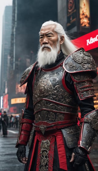 streetview portrait photograph of an old man with long white hair and long white beard looking at the viewer with a sad look in his eyes as if his soul was torn out, he is a warrior wearing black mechanical armor, (Gusoku Style Armor, black, red details, red inlays:1.3), intricate details, medium shot, slightly above view, side view, apocalyptical science fictional city street resembling times square, wartorn ruins, devastation, vines, vegetation, deep dark lightning, rule of thirds, ultra detailed, ultra realistic, epic composition, dimly lit