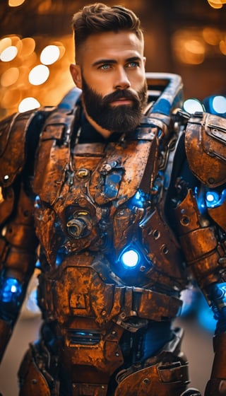 Portrait photo of muscular bearded guy in a worn mech suit, ((light bokeh)), intricate, (steel metal [rust]), elegant, sharp focus, photo by greg rutkowski, soft lighting, vibrant colors, (masterpiece), ((streets)), (detailed face:1.2), (glowing blue eyes:1.1)