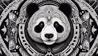 Create an illustration of Tribal Spirit Animals: Tribal Art, showcasing an intricately detailed spirit animal panda in a powerful and mysterious style. The high-contrast design incorporates geometric patterns and bold linework to craft a striking and impactful composition. Against a black background, this 8k, ready-to-print illustration features a hand-drawn panda in simple vector form, emphasizing black and white with a few carefully chosen colors and numerous shades. The result is an artwork characterized by clean, sharp lines that exude a captivating tribal aesthetic.