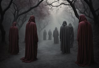 In this contemporary concept art photograph, we descend into Dante's "Inferno." The landscape bathes in somber hues of deep burgundy and charcoal. Souls, yearning for salvation, cast eerie shadows in muted grays. Classical philosophers, Plato and Aristotle, emerge from obscurity, illuminated by a ghostly, soft light with faint hints of ivory. The image marries modern aesthetics with timeless themes, capturing their flowing robes and ethereal essence in subdued shades. It's a portal to Dante's world through a contemporary lens, weaving a bridge across eras while preserving the enduring intrigue of the human soul's harrowing journey through the afterlife.