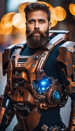 Portrait photo of muscular bearded guy in a worn mech suit, ((light bokeh)), intricate, (steel metal [rust]), elegant, sharp focus, photo by greg rutkowski, soft lighting, vibrant colors, (masterpiece), ((streets)), (detailed face:1.2), (glowing blue eyes:1.1)