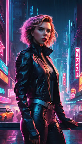 Amidst the neon chaos of an '80s-inspired nanopunk city, Scarlett Johansson metamorphoses into the embodiment of a cyberpunk femme fatale. Envision her poised on the ledge of a building, gazing down at the bustling streets below. The scene radiates a retro-futuristic charm, illuminated by glitchy neon lighting that bathes everything in an enigmatic glow. Scarlett's presence is nothing short of enigmatic, her attire a blend of vintage and futuristic elements. The hyper-detailed, action-packed background boasts cinematic composition and raytracing, offering a glimpse into the thrilling world of '80s cyberpunk.