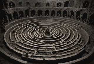 In this macabre photograph, the sixth circle of Hell unveils its grotesque labyrinth—the Malebolge, sinister and labyrinthine. Ten concentric ditches carve a hellish pit, each a twisted realm of treachery and deceit, painted in murky shades of deception. Sinners writhe in torment, whipped by demons, immersed in filth, or imprisoned in burning tombs, their agony tailored to their perfidious acts, depicted in gruesome hues of sin and malevolence. It's a haunting tableau of duplicity, a grotesque symphony of fraud and malevolence, where the vilest secrets of the human soul are eternally exposed in the unforgiving spotlight of hellfire, rendered in searing shades of torment.