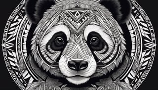 Create an illustration of Tribal Spirit Animals: Tribal Art, showcasing an intricately detailed spirit animal panda in a powerful and mysterious style. The high-contrast design incorporates geometric patterns and bold linework to craft a striking and impactful composition. Against a black background, this 8k, ready-to-print illustration features a hand-drawn panda in simple vector form, emphasizing black and white with a few carefully chosen colors and numerous shades. The result is an artwork characterized by clean, sharp lines that exude a captivating tribal aesthetic.