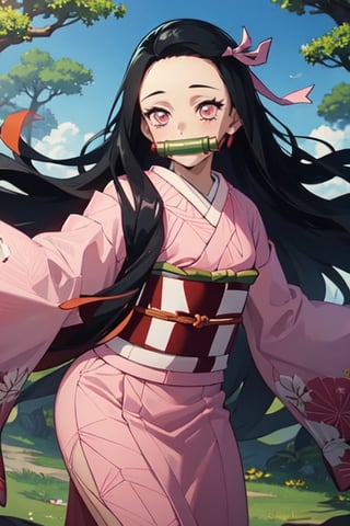 (((masterpiece))), nezuko, 1girl, black hair, forehead, hair ribbon, japanese clothes, kimono, long hair, multicolored hair, amboo, bit gag, black hair, forehead, gag, gagged,, pink eyes, pink kimono, pink ribbon, ribbon, smile, very long hair, in a forest, sky,