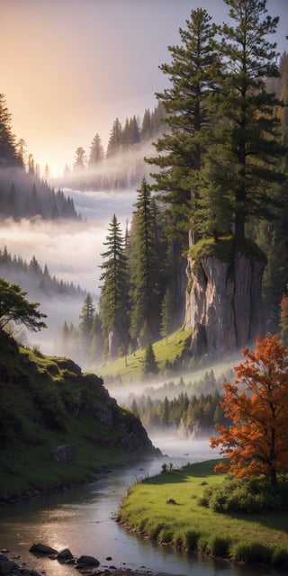 digital painting,
fantasy, hidden forest, centered big tree, river, (fog), at dawn