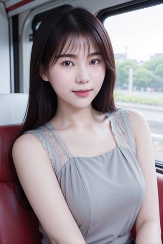 23 years old japanese woman, cinematic photo of a beautiful korean fashion model, sleeveless lace blouse, make-up, upper body, muted colors, bokeh, train, leica, smiling