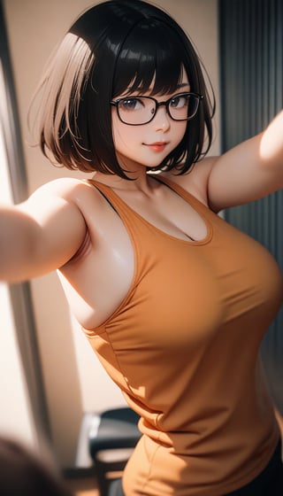 cinematic photo, 35mm photograph, 4k, highly detailed, masterpiece, best quality, very aesthetic, absurdres, 1girl, bob hair, black eyes, black hair, upper body, (wearing orange tank top), black-framed glasses, smile closed mouth, cute make-up, soft red lips, curvy, selfie pose, armpits, soft orange background