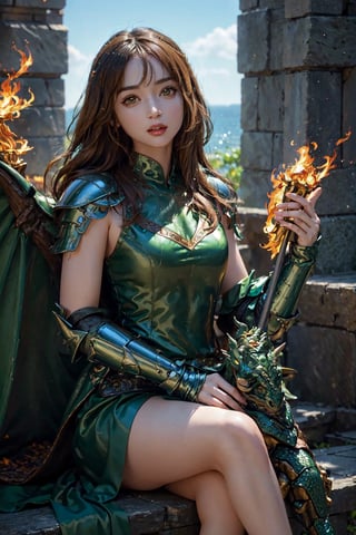 ((masterpiece), best quality, high quality, professional quality, highly detailed, highres, perfect lighting, natural lighting), green dragon, (1girl, wearing armor, sitting on dragon, dragon rider, holding weapon), flying, flames, magic, clouds, sun in background
