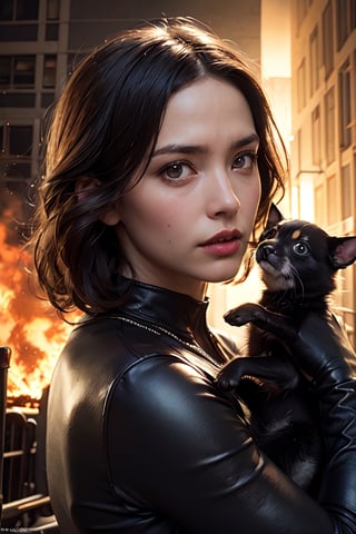 portrait photo of Catwoman holding a dirty scared puppy in hands with burning building background at night, BREAK ((\(catwoman\), heroic pose, dynamic pose, extreme detailed), (holding) (small puppy, dirty, scared expression, extreme detailed)), BREAK (nighttime, burning building background, dynamic background, extreme detailed), BREAK (professional portrait photo, epic cinematic shot, dynamic composition, beautiful natural soft light, dynamic lighting), BREAK (professional unique masterpiece, highly professionally detailed, hdr, intricate details, realistic proportions, highly detailed textures, professional composition, beautiful coherent professional, detailed reflections, highly detailed atmosphere, raytracing, natural color scheme)
