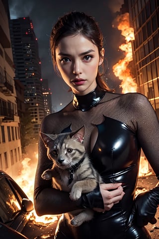 portrait photo of Catwoman holding a dirty scared puppy in hands with burning building background at night, BREAK ((\(catwoman\), heroic pose, dynamic pose, extreme detailed), (holding) (small puppy, dirty, scared expression, extreme detailed)), BREAK (nighttime, burning building background, dynamic background, extreme detailed), BREAK (professional portrait photo, epic cinematic shot, dynamic composition, beautiful natural soft light, dynamic lighting), BREAK (professional unique masterpiece, highly professionally detailed, hdr, intricate details, realistic proportions, highly detailed textures, professional composition, beautiful coherent professional, detailed reflections, highly detailed atmosphere, raytracing, natural color scheme)
