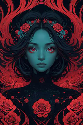 (abstract art:1.2), fractal art, psychedelic art, (style of Yuko Shimizu:1.1), red theme, dark theme, 1girl, roses, hair ornament, somber expression, dark blue accent, masterpiece, best quality, ultra high res, award-winning art, highly detailed, beautiful, aesthetic
