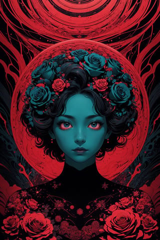 (abstract art:1.2), fractal art, psychedelic art, (style of Yuko Shimizu:1.1), red theme, dark theme, 1girl, roses, hair ornament, somber expression, dark blue accent, masterpiece, best quality, ultra high res, award-winning art, highly detailed, beautiful, aesthetic
