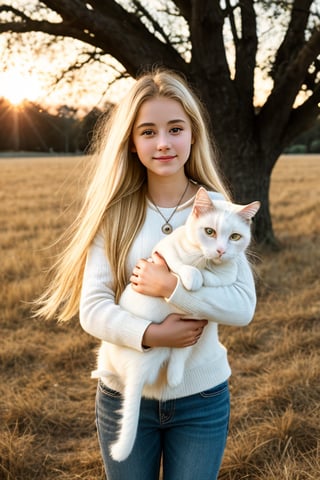  16yo girl holding her cute white cat in one hand. they play happily on the fields, hands, beautiful face, rough blonde hair, broken, sunset, detailed photo, beautiful trees, lifelike lights. DSLR