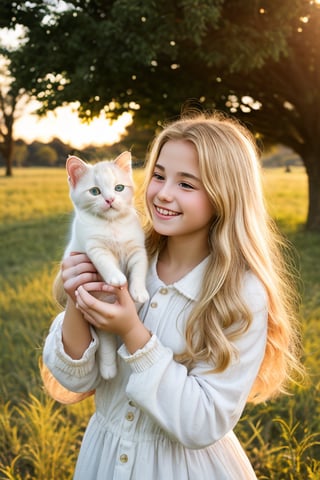  16yo girl holding her small cutie white kitty in one hand. they play happily on the fields, hands, beautiful face, rough blonde hair, broken, sunset, detailed photo, beautiful trees, lifelike lights. DSLR, ((baby cat)), smiling cat