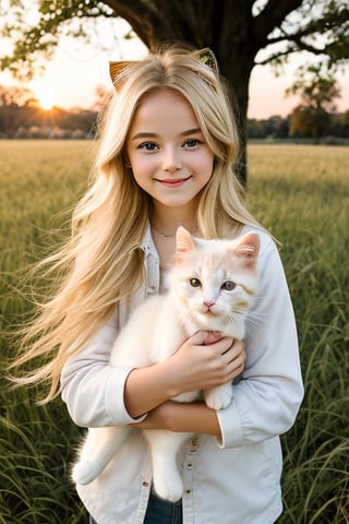  16yo girl holding her small cutie white kitty in one hand. they play happily on the fields, hands, beautiful face, rough blonde hair, broken, sunset, detailed photo, beautiful trees, lifelike lights. DSLR, ((baby cat)), smiling cat