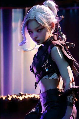  1girl, white hair, ponytail, purple eyes, (ninja), short sword, medium breats ,scarf, wallpaper, magic circle background, light particles, blue fire, ,jennierubyjenes, breasts out, revealing panty