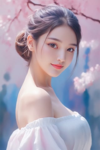 (8k, best quality, masterpiece:1.2), best quality, ultra highres, a chest up watercolor painting of a beautiful student model, looking at viewer, shoulder, dark chignon, kind smile, greasy lips, hair ribbons, white strapless tops, colorful tone, (black+blue+pink+green color:1.2), extremely luminous bright design, pastel colors, (ink:1.3), early spring lights, wet on wet, paper texture, on papar,cutegirlmix, breasts out