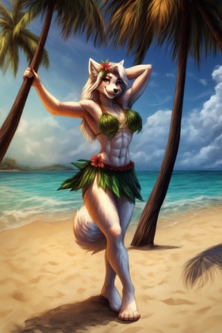 (1boy), femboy, anthro, furry, (white fox), mature, toned, girly, pink makeup, white fur, coconut bra, leaf skirt, Hula, eyelashes, long white hair, bushy tail, tropical flower in hair, staring at viewer, smiling, bare foot, hula dancing, beach resort, sunny, sexy