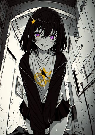 purple_eyes, dark_purple_hair, 1girl, wavy_hair, slim, tiny_girl, small_hands, darken_hair, wind, darken_hair, black_jacket, dark_skirt, star_(symbol), one symbol in the shirt, yellow_star_print_(symbol in the shirt center), happy_face, small_chest,fullmoon white_shirt, one big star_(symbol) blouse, white_shirt ,masterpiece of Digital art, very detailed and coherent, intricate, soft focus, dramatic shadows, basic_background, light_particles, smile,, comprehensive cinematic, magical fotography, (full purple neon lighting), (full yellow neon lighting), moon, PRINT YELLOW (SYMBOL) IN THE CENTER), NO PRINT STAR PURPLE (SYMBOL), print star symbol, ahe_gao, big_thighs, doggy position, pale_skin, 