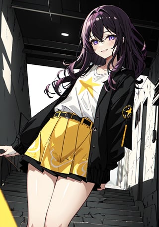 purple_eyes, dark_purple_hair, 1girl, wavy_hair, slim, tiny_girl, small_hands, darken_hair, wind, darken_hair, black_jacket, dark_skirt, star_(symbol), one symbol in the shirt, yellow_star_print_(symbol in the shirt center), happy_face, small_chest,fullmoon white_shirt, one big star_(symbol) blouse, white_shirt ,masterpiece of Digital art, very detailed and coherent, intricate, soft focus, dramatic shadows, basic_background, light_particles, smile,, comprehensive cinematic, magical fotography, (full purple neon lighting), (full yellow neon lighting), moon, PRINT YELLOW (SYMBOL) IN THE CENTER), NO PRINT STAR PURPLE (SYMBOL), print star symbol, ahe_gao, big_thighs, doggy position, pale_skin, 