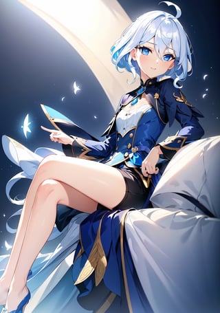 masterpiece, best quality, 1girl, short_hair_with_long_locks, white_hair, blue dress, white_shorts, short sleeves, blue eyes, black gloves, lip_stick, hairless, lighter_skin, martial clothing, looking at viewer, wink, pointing at viewer, one eye closed, legs together, Small hands, sitting, masterpiece of Digital art, very detailed and coherent, intricate, soft focus, dramatic shadows, basic_backgroud, light_particles, comprehensive cinematic, magical fotography, simple_background, white_background, two_arms, ahoge, city_background, ahoge, focus face, 2 legs,	 SILHOUETTE LIGHT PARTICLES