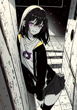 purple_eyes, dark_purple_hair, 1girl, wavy_hair, slim, tiny_girl, small_hands, darken_hair, wind, darken_hair, black_jacket, dark_skirt, star_(symbol), one symbol in the shirt, yellow_star_print_(symbol in the shirt center), happy_face, small_chest,fullmoon white_shirt, one big star_(symbol) blouse, white_shirt ,masterpiece of Digital art, very detailed and coherent, intricate, soft focus, dramatic shadows, basic_background, light_particles, smile,, comprehensive cinematic, magical fotography, (full purple neon lighting), (full yellow neon lighting), moon, PRINT YELLOW (SYMBOL) IN THE CENTER), NO PRINT STAR PURPLE (SYMBOL), print star symbol, ahe_gao, big_thighs, doggy position, pale_skin, 