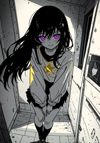 purple_eyes, dark_purple_hair, 1girl, wavy_hair, slim, tiny_girl, small_hands, darken_hair, wind, darken_hair, black_jacket, dark_skirt, star_(symbol), one symbol in the shirt, yellow_star_print_(symbol in the shirt center), happy_face, small_chest,fullmoon white_shirt, one big star_(symbol) blouse, white_shirt ,masterpiece of Digital art, very detailed and coherent, intricate, soft focus, dramatic shadows, basic_background, light_particles, smile,, comprehensive cinematic, magical fotography, (full purple neon lighting), (full yellow neon lighting), moon, PRINT YELLOW (SYMBOL) IN THE CENTER), NO PRINT STAR PURPLE (SYMBOL), print star symbol, ahe_gao, big_thighs, doggy position, pale_skin, 