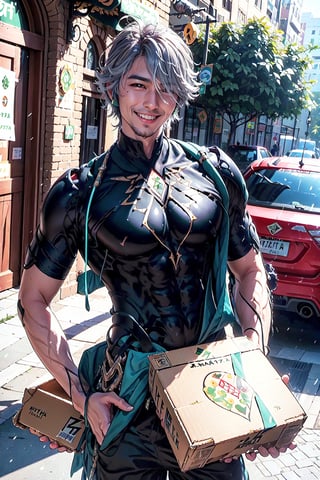 (((Genshin Impact, Alhaithampizza, box in hand))), man, short gray hair, fantasy oil painting, Deliveryman, smile, Perfect body