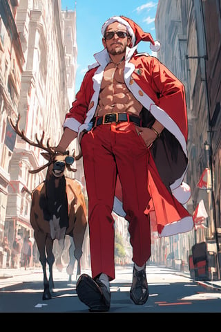 Masterpiece, 4k, epic, Santa, elks, day light, muscle, sunglasses,Long shot, full body, rich details, elk