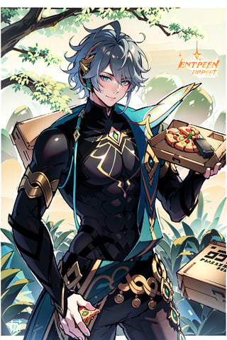 (((Genshin Impact, Alhaitham, pizza box in hand))), man, short gray hair, fantasy oil painting, Deliveryman, smile, Perfect body