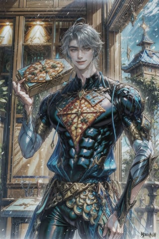 (((Genshin Impact, Alhaithampizza, box in hand))), man, short gray hair, fantasy oil painting, Deliveryman, smile, Perfect body