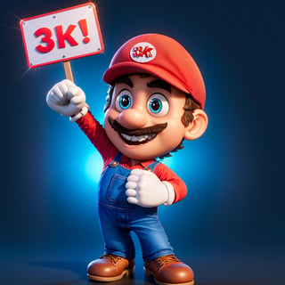 Mario holding a sign that says "3k Likes", 3d, cartoon, blank background,