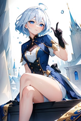 masterpiece, best quality, 1girl, short_hair_with_long_locks, white_hair, blue dress, white_shorts, short sleeves, blue eyes, black gloves, lip_stick, hairless, lighter_skin, martial clothing, looking at viewer, wink, pointing at viewer, one eye closed, legs together, Small hands, sitting, masterpiece of Digital art, very detailed and coherent, intricate, soft focus, dramatic shadows, basic_backgroud, light_particles, comprehensive cinematic, magical fotography, simple_background, white_background, two_arms, ahoge, city_background, ahoge, focus face, 2 legs,	 SILHOUETTE LIGHT PARTICLES