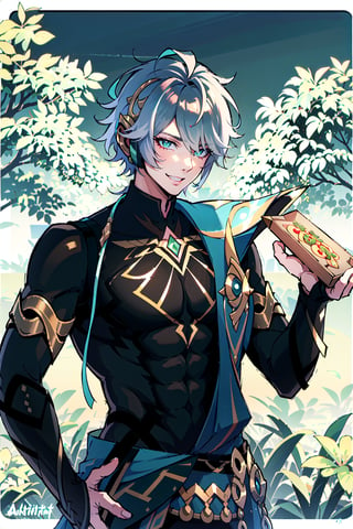 (((Genshin Impact, Alhaitham, pizza box in hand))), man, short gray hair, fantasy oil painting, Deliveryman, smile, Perfect body