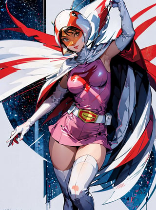 ((pinup, poster)), (Jun from Gatchaman by Carne Griffiths, Conrad Roset), ultra realistic, beautiful, masterpiece, 32K, HDR, (mixed race American-Japanese, super cute face), lanky, swan-head-like helmet with a transparent glass plate like a beak covered the front face, cloak with jagged shapes in the end, white thigh highs, white elbow gloves, white belt, pink superhero-like mini skirts suit, naturally sexy, {masterpiece:1.3}, {best quality:1.2}, {ultra-detailed::1.4}, (exquisite make-up face:1.2),
