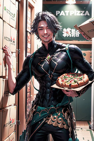 (((Genshin Impact, Alhaithampizza, box in hand))), man, short gray hair, fantasy oil painting, Deliveryman, smile, Perfect body