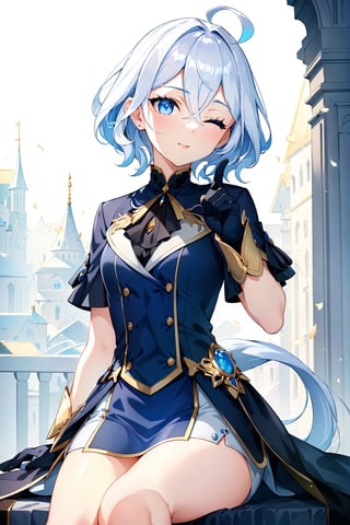 masterpiece, best quality, 1girl, short_hair_with_long_locks, white_hair, blue dress, white_shorts, short sleeves, blue eyes, black gloves, lip_stick, hairless, lighter_skin, martial clothing, looking at viewer, wink, pointing at viewer, one eye closed, legs together, Small hands, sitting, masterpiece of Digital art, very detailed and coherent, intricate, soft focus, dramatic shadows, basic_backgroud, light_particles, comprehensive cinematic, magical fotography, simple_background, white_background, two_arms, ahoge, city_background, ahoge, focus face, 2 legs,	 SILHOUETTE LIGHT PARTICLES