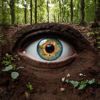  In the depths of a vast and dense forest, the ground features a massive dirt pattern resembling an eye. This Earth Eye is composed of various natural elements, adorned with leaves, branches, and flowers, creating a mesmerizing abstract artwork. The outer edge of the eye is encircled by tree roots, forming delicate lines, while the eyeball is crafted from layers of soil in varying shades, as if peering into the mystical woodland world. Sunlight filters through the gaps in the tree canopy, adding a layer of mystical and solemn radiance to this Earth Eye.