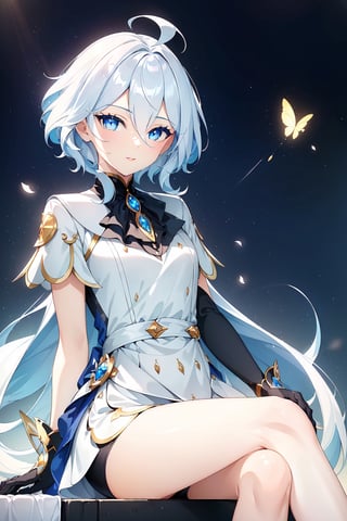 masterpiece, best quality, 1girl, short_hair_with_long_locks, white_hair, blue dress, white_shorts, short sleeves, blue eyes, black gloves, lip_stick, hairless, lighter_skin, martial clothing, looking at viewer, wink, pointing at viewer, one eye closed, legs together, Small hands, sitting, masterpiece of Digital art, very detailed and coherent, intricate, soft focus, dramatic shadows, basic_backgroud, light_particles, comprehensive cinematic, magical fotography, simple_background, white_background, two_arms, ahoge, city_background, ahoge, focus face, 2 legs,	 SILHOUETTE LIGHT PARTICLES