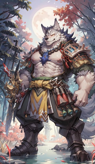 1 kemono mature male,  wolf, solo, 4K,  masterpiece, ultra-fine details, full_body, thick arms, prominent ear, thick eyebrow, Argus-eyed, big_muscle,  muscular thighs, tall, Muscular,
Japanese summer fastival