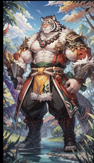 1 kemono mature male,  tiger, solo, 4K,  masterpiece, ultra-fine details, full_body, thick arms, prominent ear, thick eyebrow, Argus-eyed, big_muscle,  muscular thighs, tall, Muscular,
Japanese summer fastival