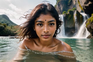 diving in water, towel_wrap, A stunning Wide photorealistic indian image of a brown skin women, indian sultry look women, her heavy breasts and intricate hair illuminated in a photorealistic face, pubic hair, extremely high quality RAW photograph, detailed background, intricate, Exquisite details and textures, highly detailed, ultra detailed photograph, warm lighting, 4k, sharp focus, high resolution, detailed skin, detailed eyes, 8k uhd, dslr, high quality, film grain, Fujifilm XT3,
waring flowes on hair, background full of flowers and waterfalls mountains