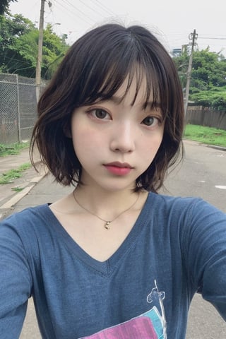 vhs style photograph, vhs artifacts, grainy,  wide angle, selfie, wide angle selfie, aesthetic girl, closed up, pretty, jpop, jpop idol, bob_cut, tangled hair, near slum, park, nogizaka46, dark brown hair