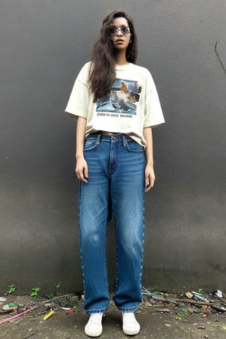 vhs style photograph, vhs artifacts, grainy,  wide angle, bird eye angle, aesthetic girl, pretty, rock band girl, tangled hair, near slum, park, dark brown hair, indonesian mixed race, jeans, oversized_clothes