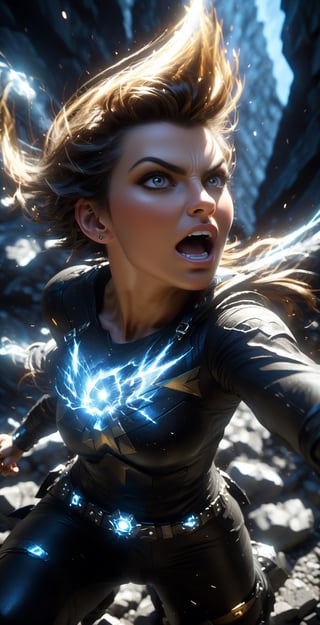 anime,punk rock female super hero pose,anger,fury eyes, looking up,from below,glowing eyes, masterpiece, best quality, ultra high res, beautiful, visually stunning, elegant, incredible details, award-winning painting, (dark art:1.1), deep shadow, (dark theme:1.2), ,  glowing, aura, energy, beam, flying debris, angry, floating rocks