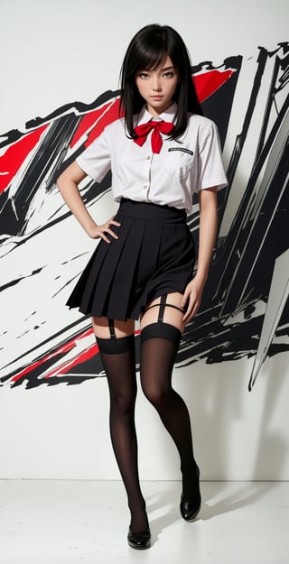 (best quality, masterpiece)1girl,chool uniform, sharp eyes, looking at viewer, hand on hip, garter belt, stockings, black hair, medium hair, medium breasts, standing,nice hands, perfect hands ,Persona Cut In